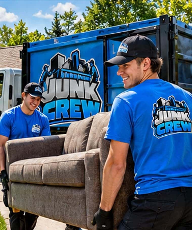 Two Junk Crew team members carrying a couch to a branded Junk Crew truck